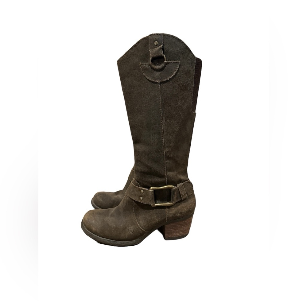 Born Brown Sueded Leather Heeled Boots with Buckle - Picture 9 of 16
